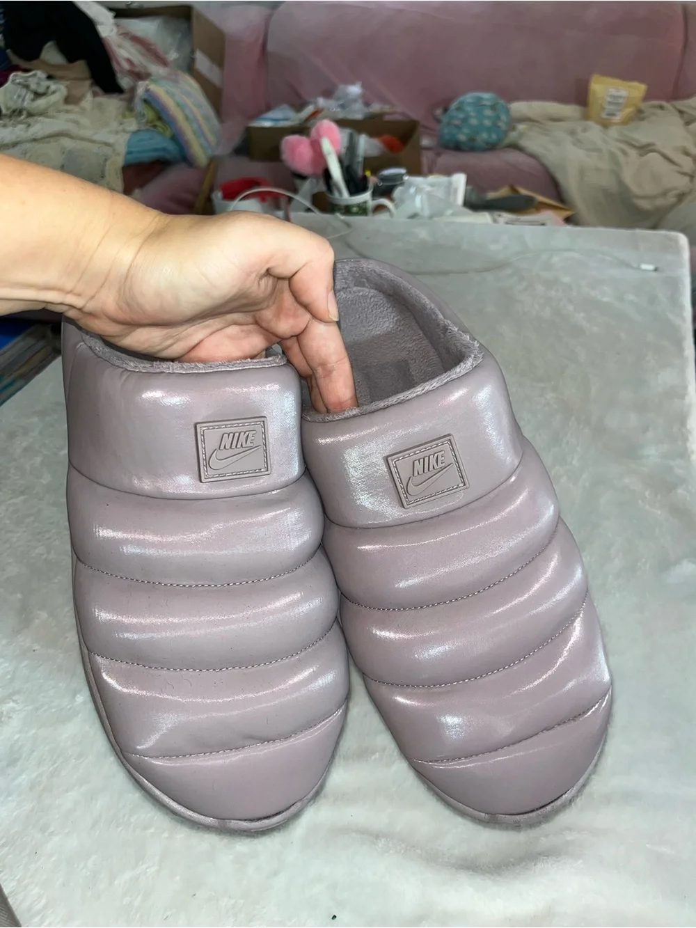 Nike Burrow SE Women's 12 Fuzzy Slippers Light Violet Ore Quilted Puffer Slip On